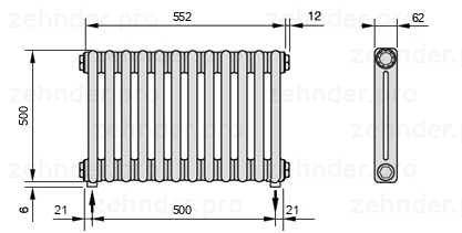 Схема (чертеж) Радиатор Zehnder Charleston 2050/12 №5310 Белый глянцевый RAL 9016